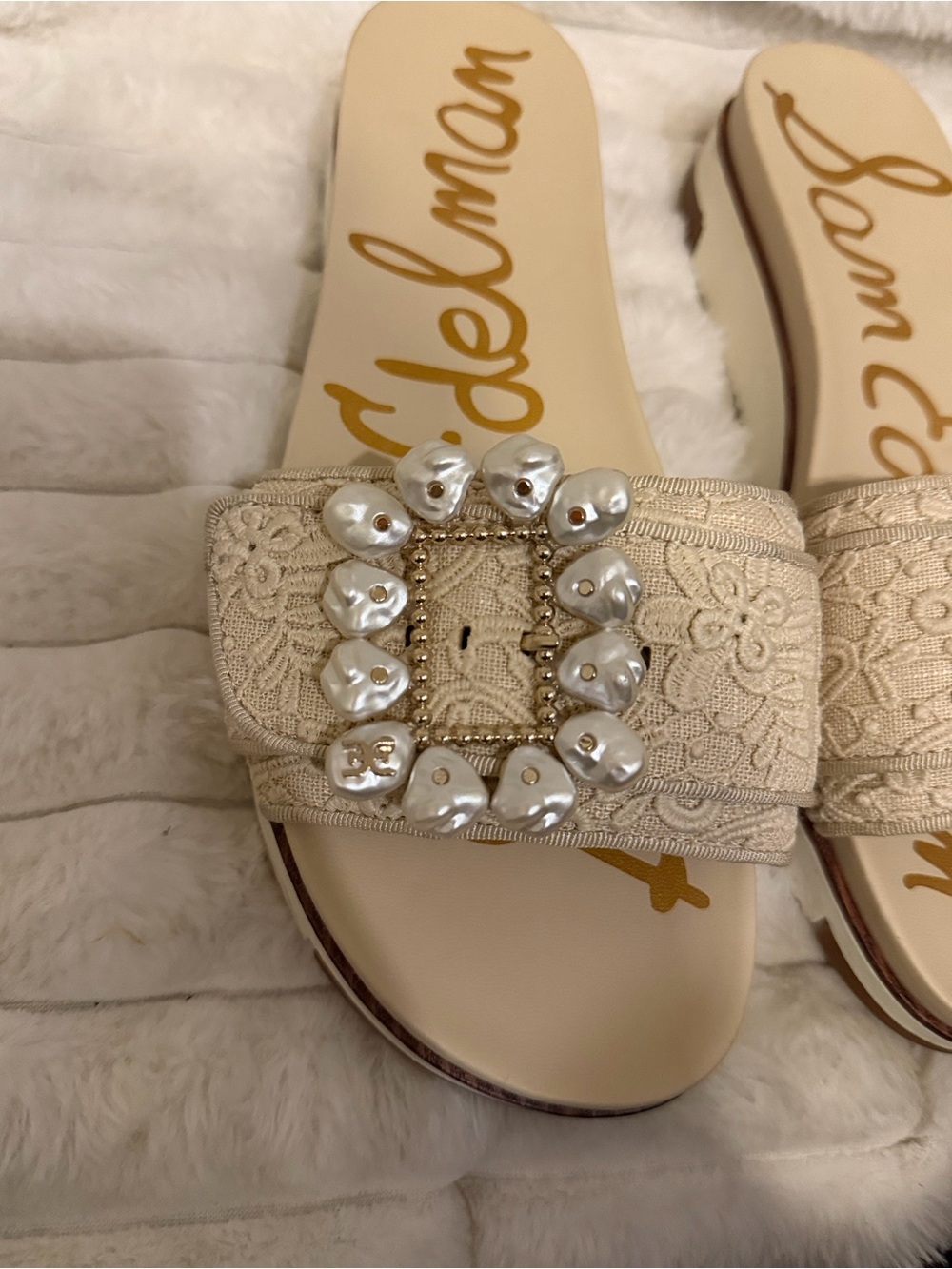 Sam Edelman Beige Lace Pearl-Buckle Slide Mules - Picture 9 of 9